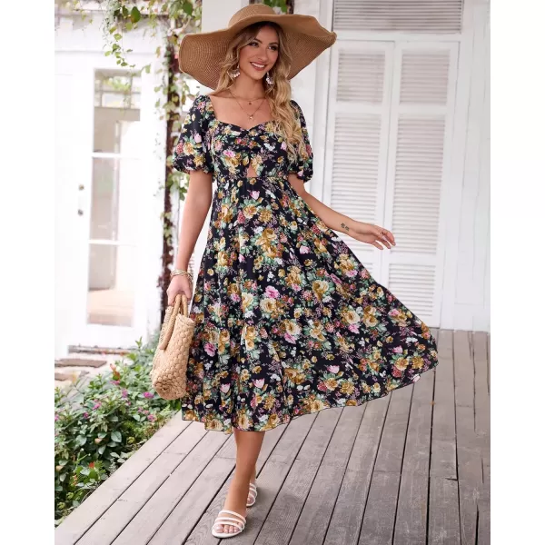 BTFBM Women Summer Dresses 2024 Casual Flowy Beach Square Neck Puff Short Sleeve Smocked Back Boho Floral Long Maxi DressFloral Black Yellow