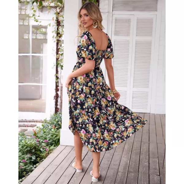 BTFBM Women Summer Dresses 2024 Casual Flowy Beach Square Neck Puff Short Sleeve Smocked Back Boho Floral Long Maxi DressFloral Black Yellow