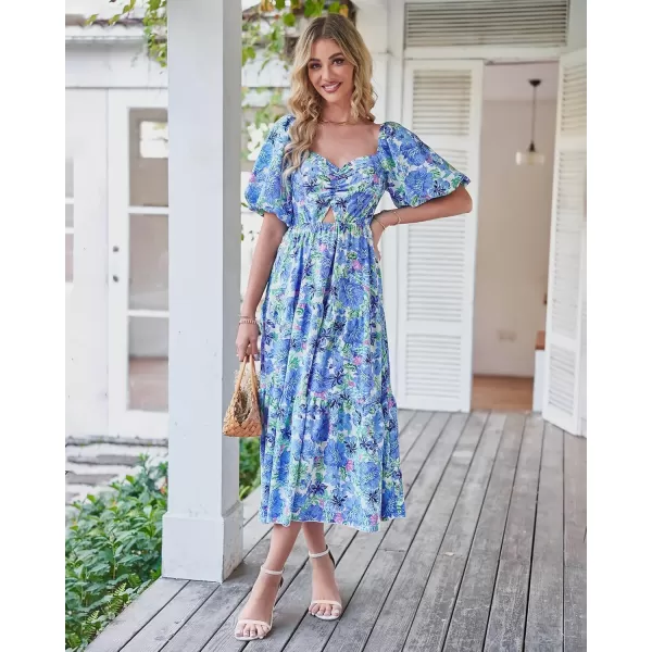 BTFBM Women Summer Dresses 2024 Casual Flowy Beach Square Neck Puff Short Sleeve Smocked Back Boho Floral Long Maxi DressFloral Blue
