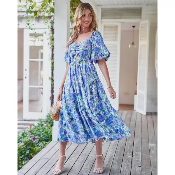 BTFBM Women Summer Dresses 2024 Casual Flowy Beach Square Neck Puff Short Sleeve Smocked Back Boho Floral Long Maxi DressFloral Blue