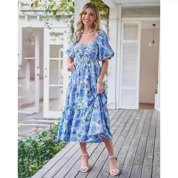 BTFBM Women Summer Dresses 2024 Casual Flowy Beach Square Neck Puff Short Sleeve Smocked Back Boho Floral Long Maxi DressFloral Blue
