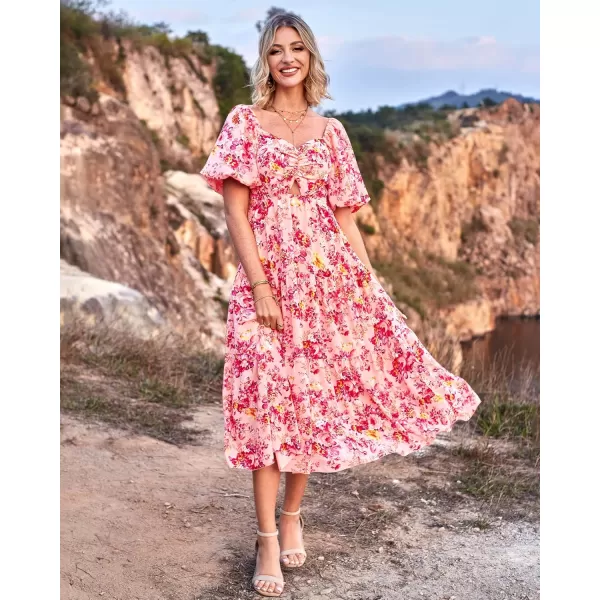 BTFBM Women Summer Dresses 2024 Casual Flowy Beach Square Neck Puff Short Sleeve Smocked Back Boho Floral Long Maxi DressFloral Pink Red