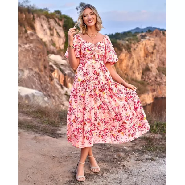 BTFBM Women Summer Dresses 2024 Casual Flowy Beach Square Neck Puff Short Sleeve Smocked Back Boho Floral Long Maxi DressFloral Pink Red