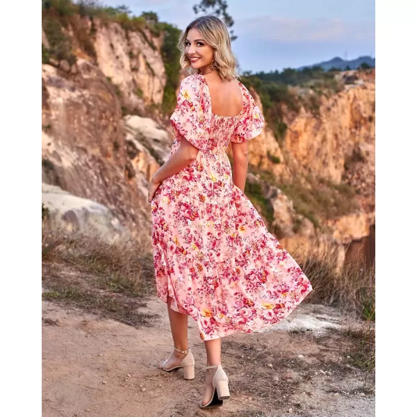 BTFBM Women Summer Dresses 2024 Casual Flowy Beach Square Neck Puff Short Sleeve Smocked Back Boho Floral Long Maxi DressFloral Pink Red