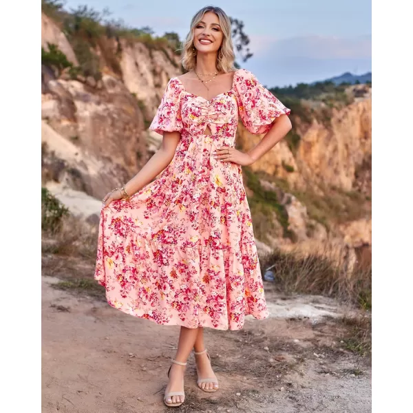 BTFBM Women Summer Dresses 2024 Casual Flowy Beach Square Neck Puff Short Sleeve Smocked Back Boho Floral Long Maxi DressFloral Pink Red