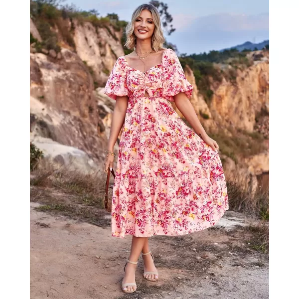 BTFBM Women Summer Dresses 2024 Casual Flowy Beach Square Neck Puff Short Sleeve Smocked Back Boho Floral Long Maxi DressFloral Pink Red
