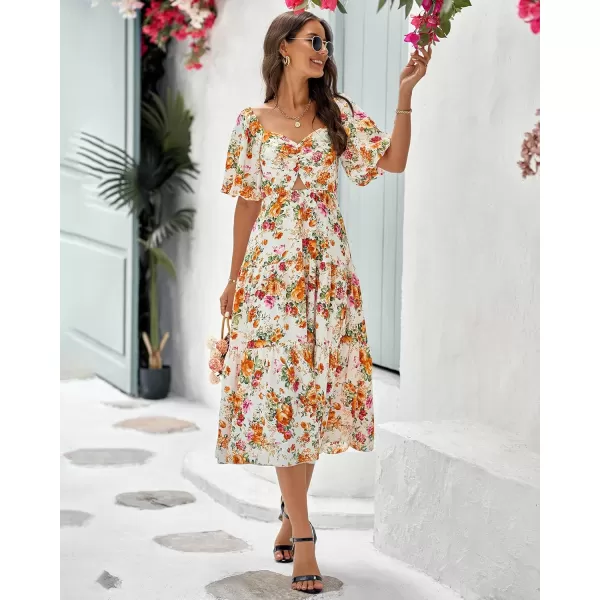 BTFBM Women Summer Dresses 2024 Casual Flowy Beach Square Neck Puff Short Sleeve Smocked Back Boho Floral Long Maxi DressFloral White Orange