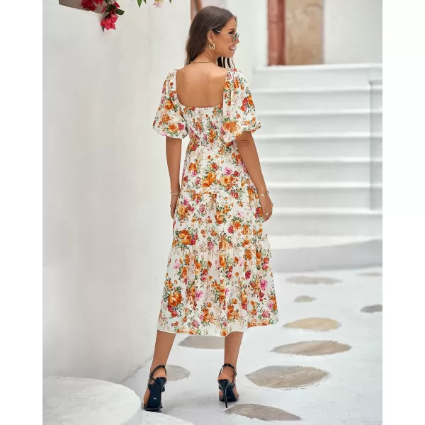 BTFBM Women Summer Dresses 2024 Casual Flowy Beach Square Neck Puff Short Sleeve Smocked Back Boho Floral Long Maxi DressFloral White Orange