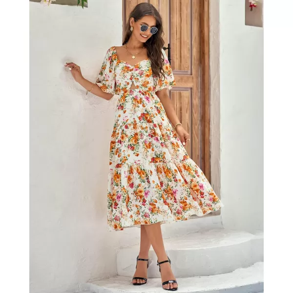 BTFBM Women Summer Dresses 2024 Casual Flowy Beach Square Neck Puff Short Sleeve Smocked Back Boho Floral Long Maxi DressFloral White Orange