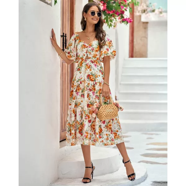 BTFBM Women Summer Dresses 2024 Casual Flowy Beach Square Neck Puff Short Sleeve Smocked Back Boho Floral Long Maxi DressFloral White Orange