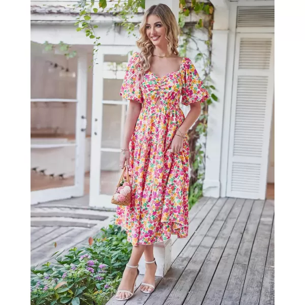 BTFBM Women Summer Dresses 2024 Casual Flowy Beach Square Neck Puff Short Sleeve Smocked Back Boho Floral Long Maxi DressFloral White Red