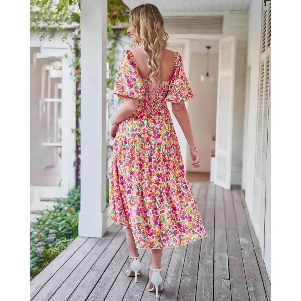 BTFBM Women Summer Dresses 2024 Casual Flowy Beach Square Neck Puff Short Sleeve Smocked Back Boho Floral Long Maxi DressFloral White Red