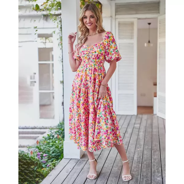 BTFBM Women Summer Dresses 2024 Casual Flowy Beach Square Neck Puff Short Sleeve Smocked Back Boho Floral Long Maxi DressFloral White Red