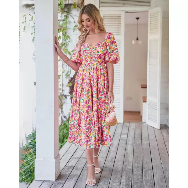 BTFBM Women Summer Dresses 2024 Casual Flowy Beach Square Neck Puff Short Sleeve Smocked Back Boho Floral Long Maxi DressFloral White Red