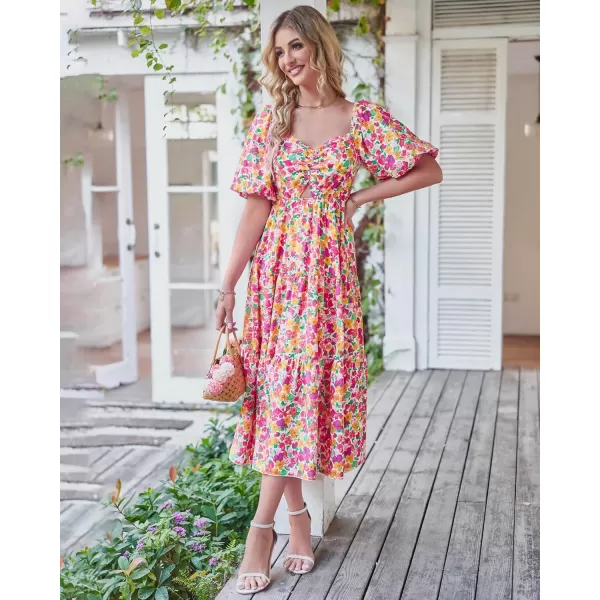 BTFBM Women Summer Dresses 2024 Casual Flowy Beach Square Neck Puff Short Sleeve Smocked Back Boho Floral Long Maxi DressFloral White Red