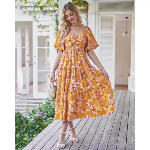 BTFBM Women Summer Dresses 2024 Casual Flowy Beach Square Neck Puff Short Sleeve Smocked Back Boho Floral Long Maxi DressFloral Yellow