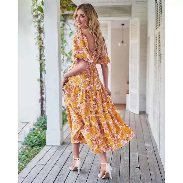 BTFBM Women Summer Dresses 2024 Casual Flowy Beach Square Neck Puff Short Sleeve Smocked Back Boho Floral Long Maxi DressFloral Yellow
