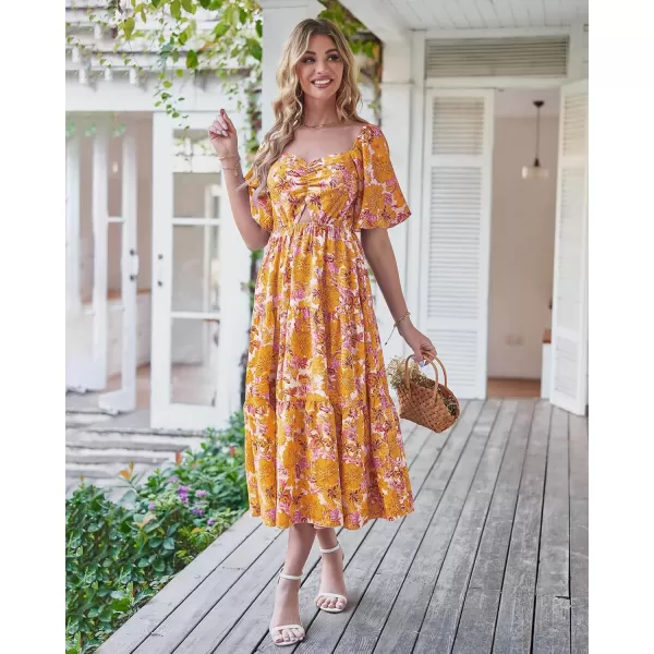 BTFBM Women Summer Dresses 2024 Casual Flowy Beach Square Neck Puff Short Sleeve Smocked Back Boho Floral Long Maxi DressFloral Yellow