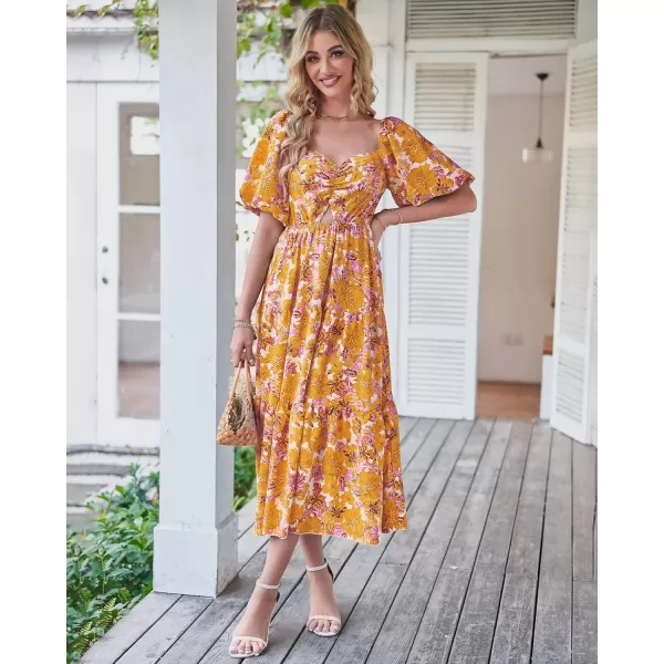 BTFBM Women Summer Dresses 2024 Casual Flowy Beach Square Neck Puff Short Sleeve Smocked Back Boho Floral Long Maxi DressFloral Yellow