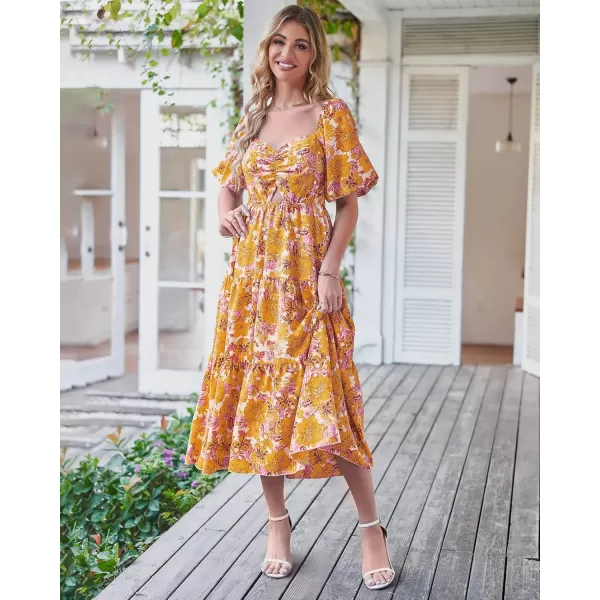 BTFBM Women Summer Dresses 2024 Casual Flowy Beach Square Neck Puff Short Sleeve Smocked Back Boho Floral Long Maxi DressFloral Yellow