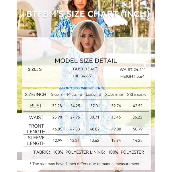 BTFBM Women Summer Dresses 2024 Casual Flowy Beach Square Neck Puff Short Sleeve Smocked Back Boho Floral Long Maxi DressPrint Blue