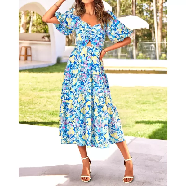 BTFBM Women Summer Dresses 2024 Casual Flowy Beach Square Neck Puff Short Sleeve Smocked Back Boho Floral Long Maxi DressPrint Blue