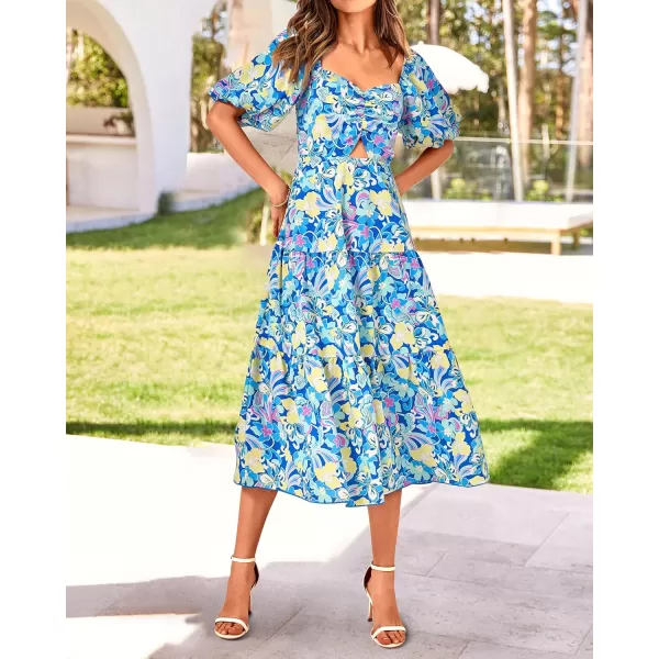 BTFBM Women Summer Dresses 2024 Casual Flowy Beach Square Neck Puff Short Sleeve Smocked Back Boho Floral Long Maxi DressPrint Blue