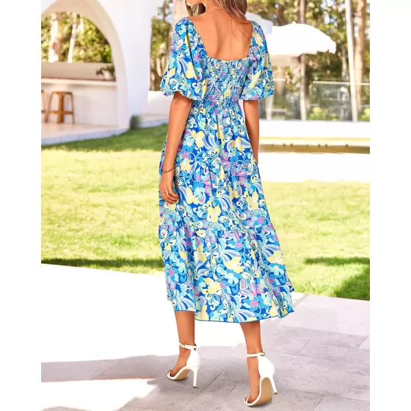 BTFBM Women Summer Dresses 2024 Casual Flowy Beach Square Neck Puff Short Sleeve Smocked Back Boho Floral Long Maxi DressPrint Blue