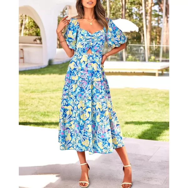 BTFBM Women Summer Dresses 2024 Casual Flowy Beach Square Neck Puff Short Sleeve Smocked Back Boho Floral Long Maxi DressPrint Blue