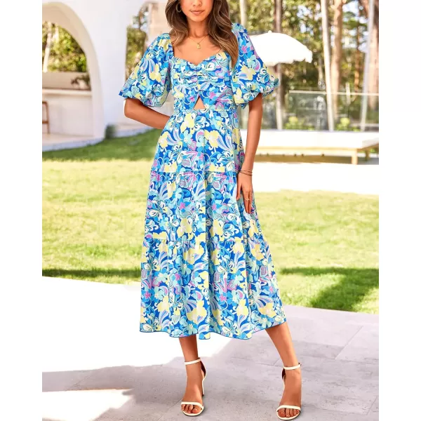 BTFBM Women Summer Dresses 2024 Casual Flowy Beach Square Neck Puff Short Sleeve Smocked Back Boho Floral Long Maxi DressPrint Blue