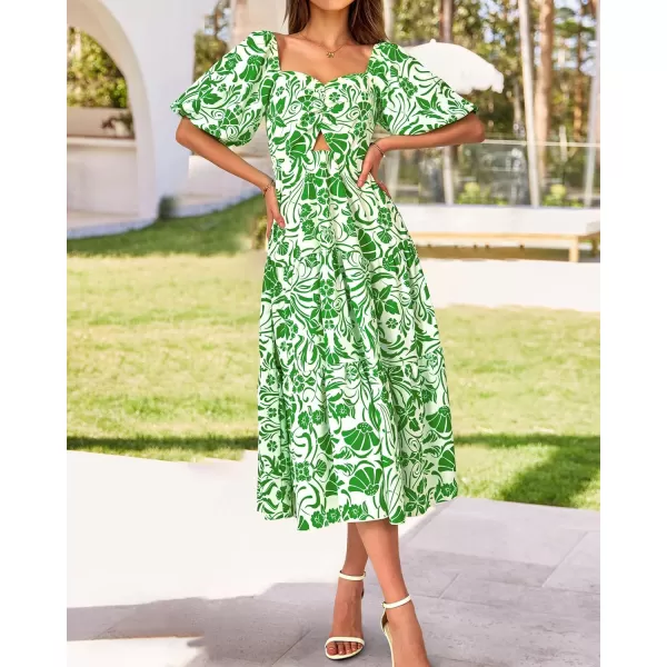 BTFBM Women Summer Dresses 2024 Casual Flowy Beach Square Neck Puff Short Sleeve Smocked Back Boho Floral Long Maxi DressPrint Grass Green