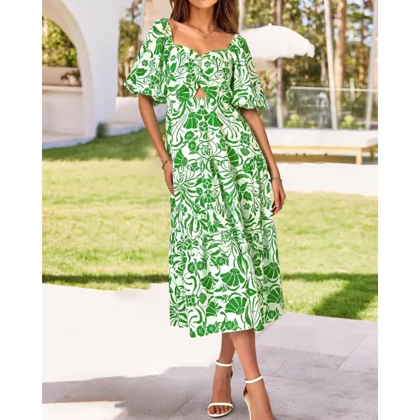 BTFBM Women Summer Dresses 2024 Casual Flowy Beach Square Neck Puff Short Sleeve Smocked Back Boho Floral Long Maxi DressPrint Grass Green