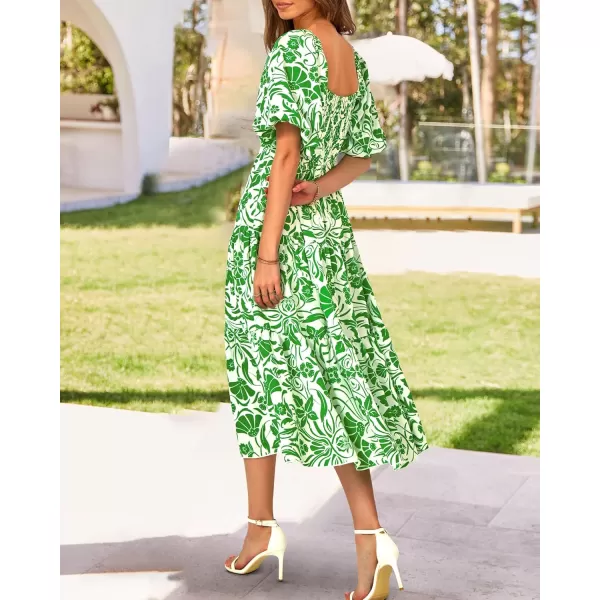 BTFBM Women Summer Dresses 2024 Casual Flowy Beach Square Neck Puff Short Sleeve Smocked Back Boho Floral Long Maxi DressPrint Grass Green