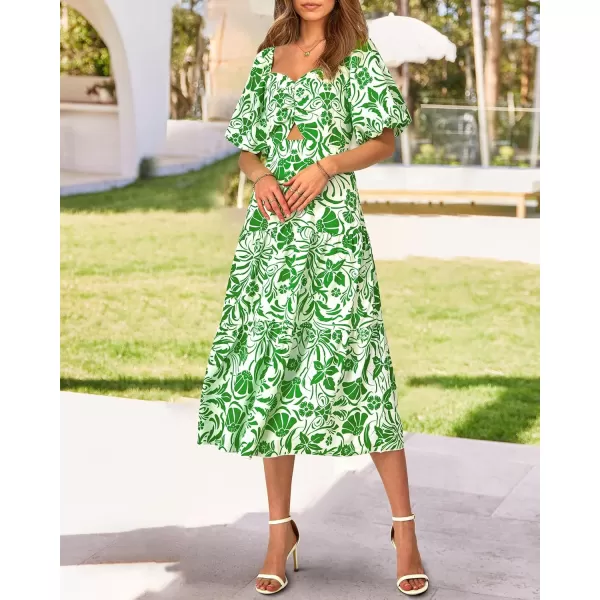 BTFBM Women Summer Dresses 2024 Casual Flowy Beach Square Neck Puff Short Sleeve Smocked Back Boho Floral Long Maxi DressPrint Grass Green