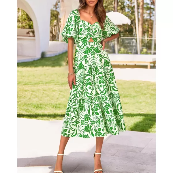 BTFBM Women Summer Dresses 2024 Casual Flowy Beach Square Neck Puff Short Sleeve Smocked Back Boho Floral Long Maxi DressPrint Grass Green