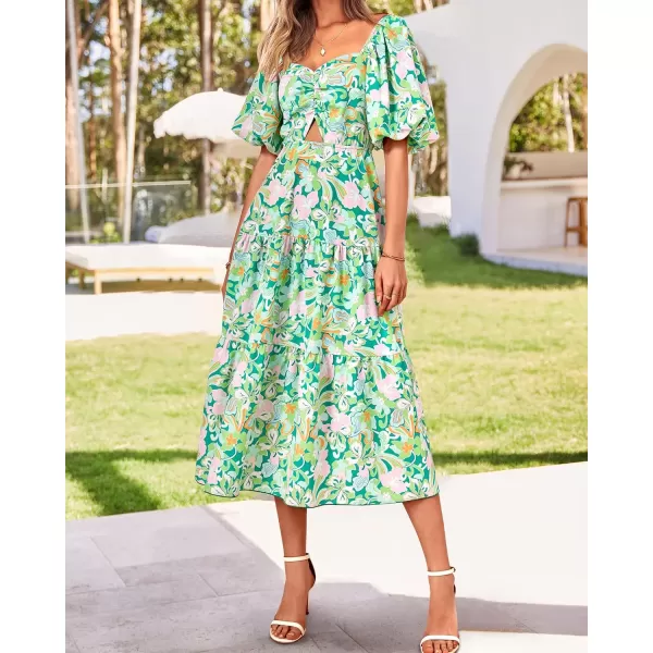 BTFBM Women Summer Dresses 2024 Casual Flowy Beach Square Neck Puff Short Sleeve Smocked Back Boho Floral Long Maxi DressPrint Green