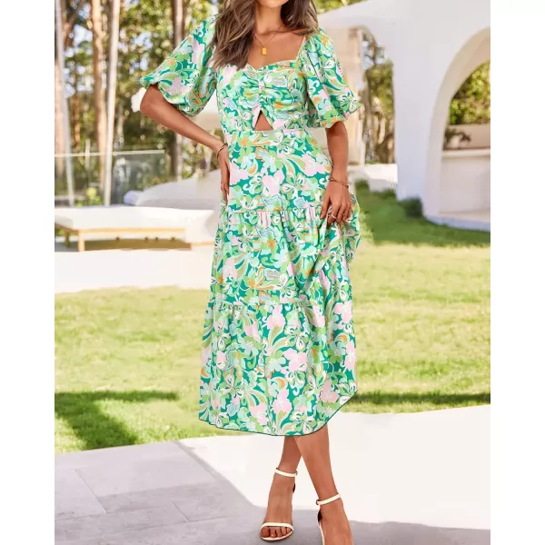 BTFBM Women Summer Dresses 2024 Casual Flowy Beach Square Neck Puff Short Sleeve Smocked Back Boho Floral Long Maxi DressPrint Green