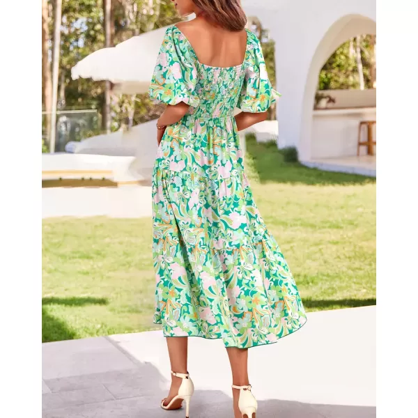 BTFBM Women Summer Dresses 2024 Casual Flowy Beach Square Neck Puff Short Sleeve Smocked Back Boho Floral Long Maxi DressPrint Green