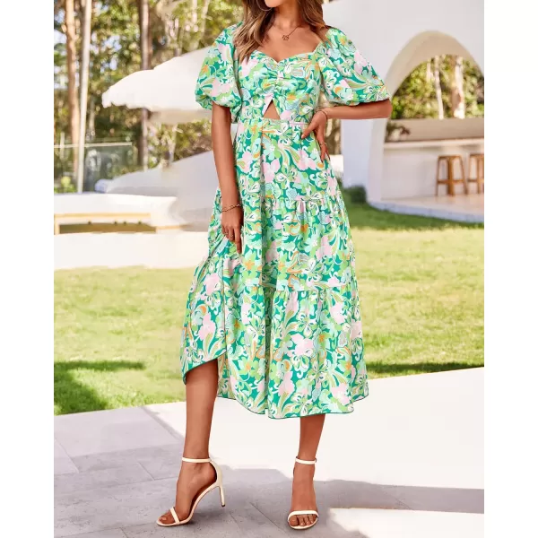 BTFBM Women Summer Dresses 2024 Casual Flowy Beach Square Neck Puff Short Sleeve Smocked Back Boho Floral Long Maxi DressPrint Green