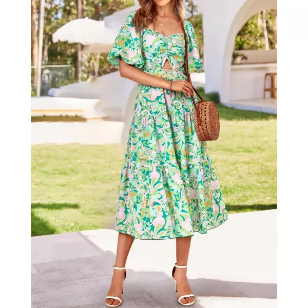 BTFBM Women Summer Dresses 2024 Casual Flowy Beach Square Neck Puff Short Sleeve Smocked Back Boho Floral Long Maxi DressPrint Green
