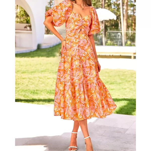 BTFBM Women Summer Dresses 2024 Casual Flowy Beach Square Neck Puff Short Sleeve Smocked Back Boho Floral Long Maxi DressPrint Orange