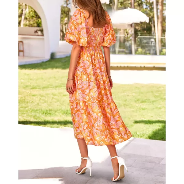 BTFBM Women Summer Dresses 2024 Casual Flowy Beach Square Neck Puff Short Sleeve Smocked Back Boho Floral Long Maxi DressPrint Orange