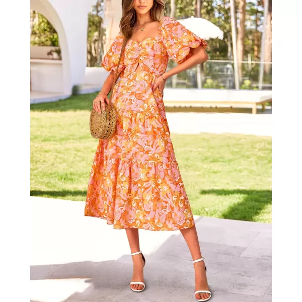 BTFBM Women Summer Dresses 2024 Casual Flowy Beach Square Neck Puff Short Sleeve Smocked Back Boho Floral Long Maxi DressPrint Orange