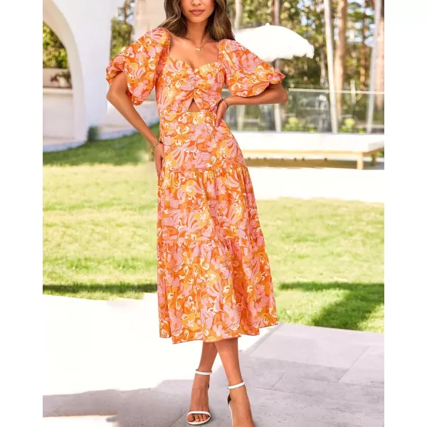 BTFBM Women Summer Dresses 2024 Casual Flowy Beach Square Neck Puff Short Sleeve Smocked Back Boho Floral Long Maxi DressPrint Orange