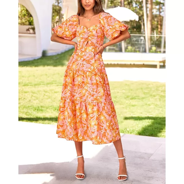 BTFBM Women Summer Dresses 2024 Casual Flowy Beach Square Neck Puff Short Sleeve Smocked Back Boho Floral Long Maxi DressPrint Orange