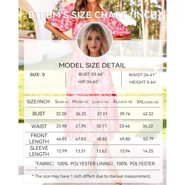 BTFBM Women Summer Dresses 2024 Casual Flowy Beach Square Neck Puff Short Sleeve Smocked Back Boho Floral Long Maxi DressPrint Pink