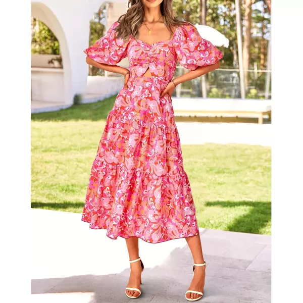 BTFBM Women Summer Dresses 2024 Casual Flowy Beach Square Neck Puff Short Sleeve Smocked Back Boho Floral Long Maxi DressPrint Pink