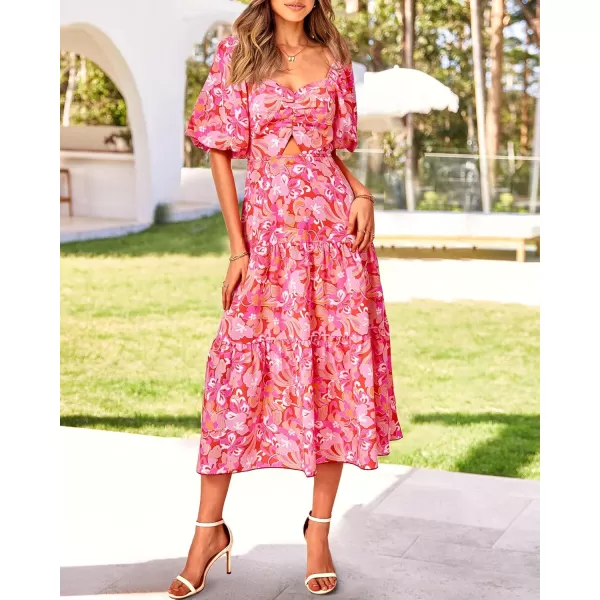 BTFBM Women Summer Dresses 2024 Casual Flowy Beach Square Neck Puff Short Sleeve Smocked Back Boho Floral Long Maxi DressPrint Pink
