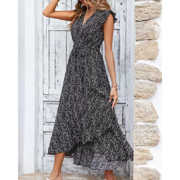 BTFBM Women Summer Dresses 2024 Ruffle Cap Sleeve V Neck Belt Wrap Split Boho Floral Long Casual Party Beach Maxi DressFloral Black
