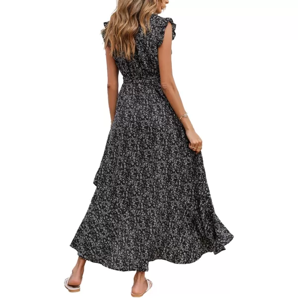BTFBM Women Summer Dresses 2024 Ruffle Cap Sleeve V Neck Belt Wrap Split Boho Floral Long Casual Party Beach Maxi DressFloral Black